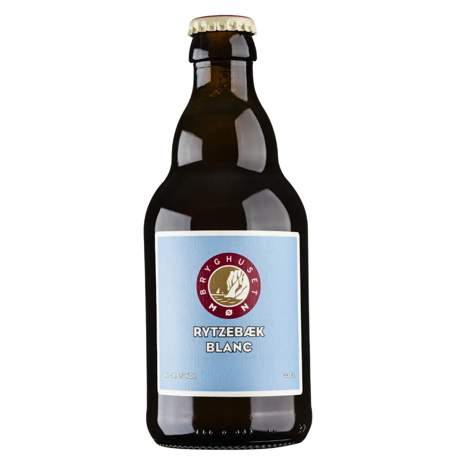 Bryghuset Møn Rytzebæk Blanc 33 cl – økologisk blanc 4,6% vol. brygget med bygmalt og hvedemalt samt humle og gær, let og sprød øl med frisk profil