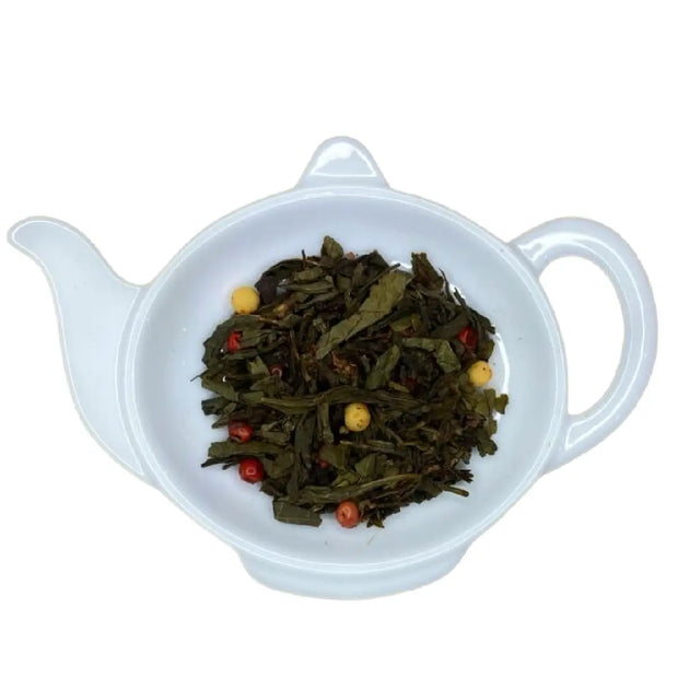 Carstensens Tehandel Grøn Chili Trøffel te (100 g) – løs grøn te med kakao, hvid chokolade, rosa peber og mild chili, fyldig dessertte med bløde karamelnoter