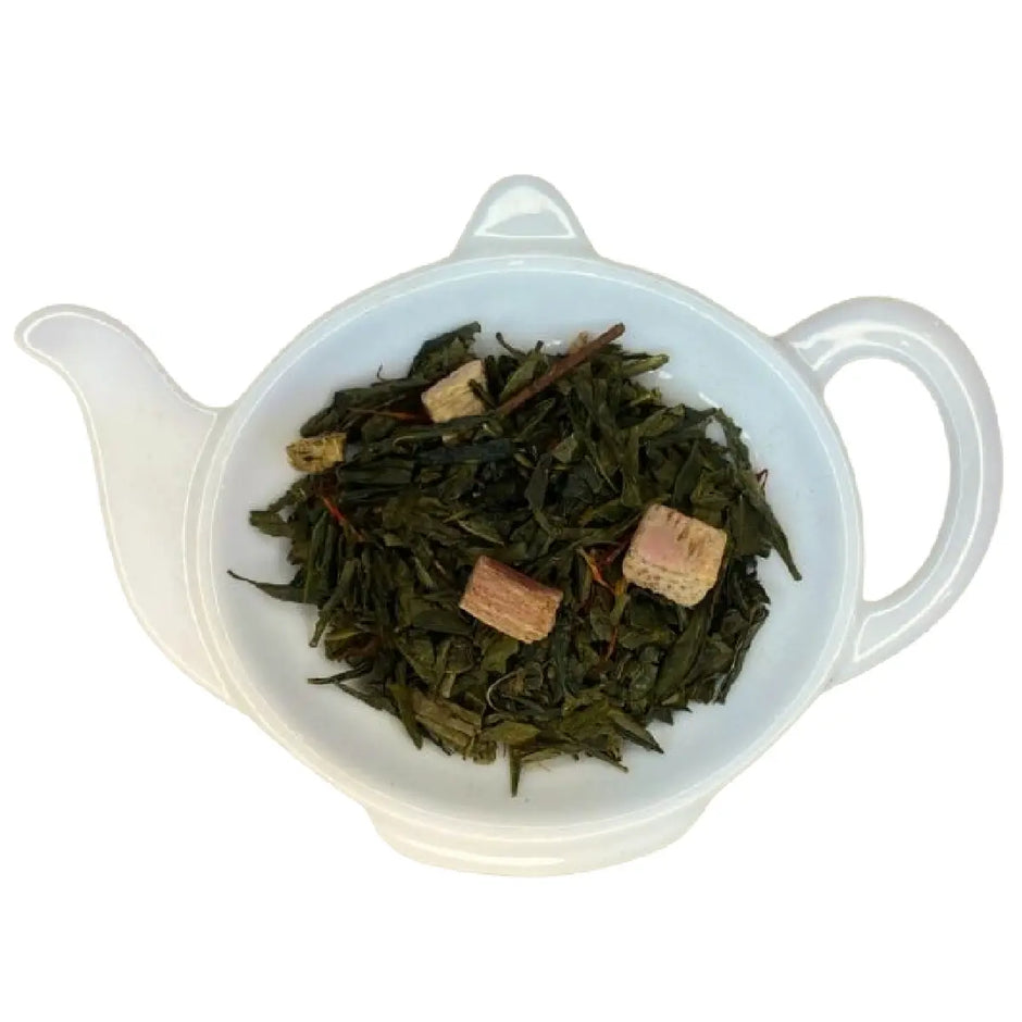 Carstensens Tehandel Grøn Rabarber og Flødete (100 g) – løs sencha grøn te med rabarber (1,5%), saflor og blød flødearoma, frugtig og cremet grøn te til varm kop eller iste