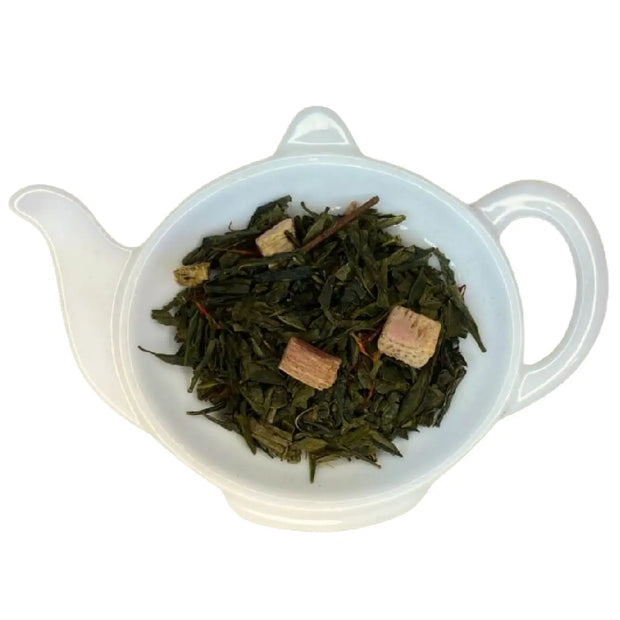 Carstensens Tehandel Grøn Rabarber og Flødete (100 g) – løs sencha grøn te med rabarber (1,5%), saflor og blød flødearoma, frugtig og cremet grøn te til varm kop eller iste