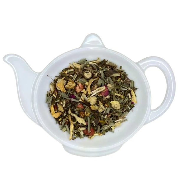 Carstensens Tehandel Hole In One® - Den originale (100 g) – koffeinfri rooibos te i løs vægt med grøn honeybush, grøn rooibos, lemongræs, orange, hyldeblomst, jordbær og kiwi, velegnet til både varm te og iste