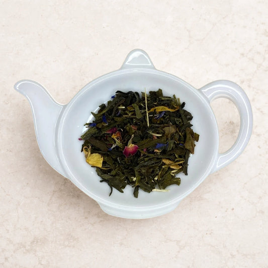 Carstensens Tehandel Hvid Tempel te (100 g) – løs hvid og grøn te med kandiseret mango og ananas, passionsblomst og blomster, frugtig mild te til varm kop eller iste