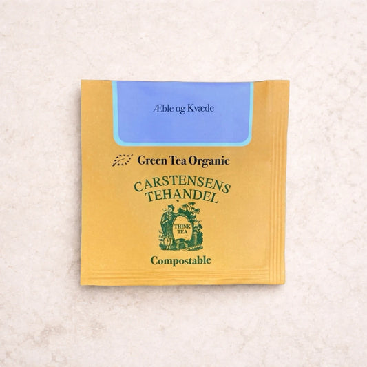 Carstensens Tehandel Tebrev Grøn Æble Kvæde Økologisk – komposterbart Bio Mesh tebrev med økologisk grøn te, æble (2%) og kvæde (2%), frugtig grøn te til én kop på farten eller på kontoret