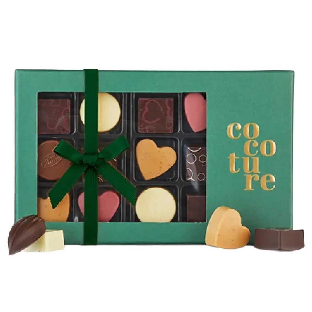 Cocoture chokoladeæske i grøn FSC æske med 14 fyldte chokolader, luksus chokoladegave på 126 g