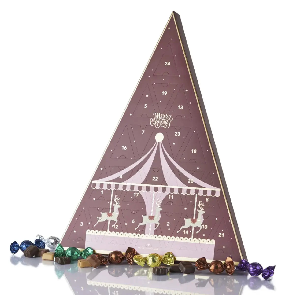Cocoture julekalender til chokolade- og marcipanelskeren i hvid perlemor trekant kalender med chokoladekugler, marcipanstykker og fyldninger, 270 g