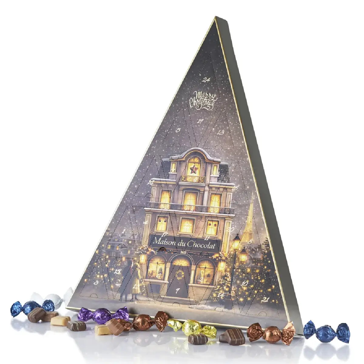 Cocoture julekalender til chokolade- og marcipanelskeren i varmgrå trekant kalender med chokoladekugler, marcipanstykker og forskellige fyldninger, 270 g