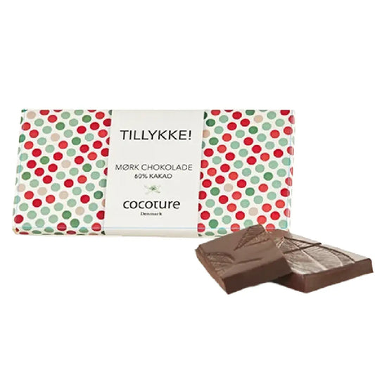 Cocoture Tillykke chokoladeplade af 60 procent mørk chokolade i designæske, 55 g