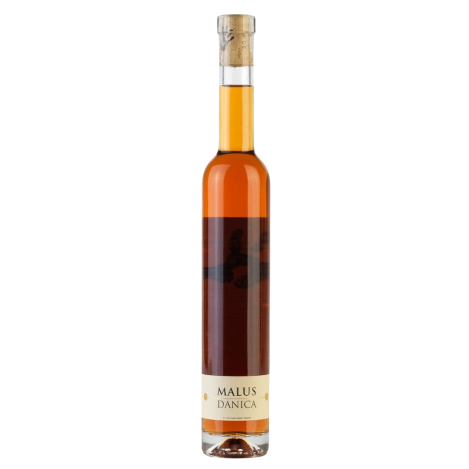 Flaske Cold Hand Winery Malus Danica æbleisvin (isvin) 375 ml / 37,5 cl – prisvindende dansk dessertvin lavet på æblerne Ingrid Marie, Filippa, Elstar, Jonagold og Belle de Boskoop, med noter af honning, æblemos og frisk æbleskræl, årgang 2019, 9,5% vol, indeholder sulfitter