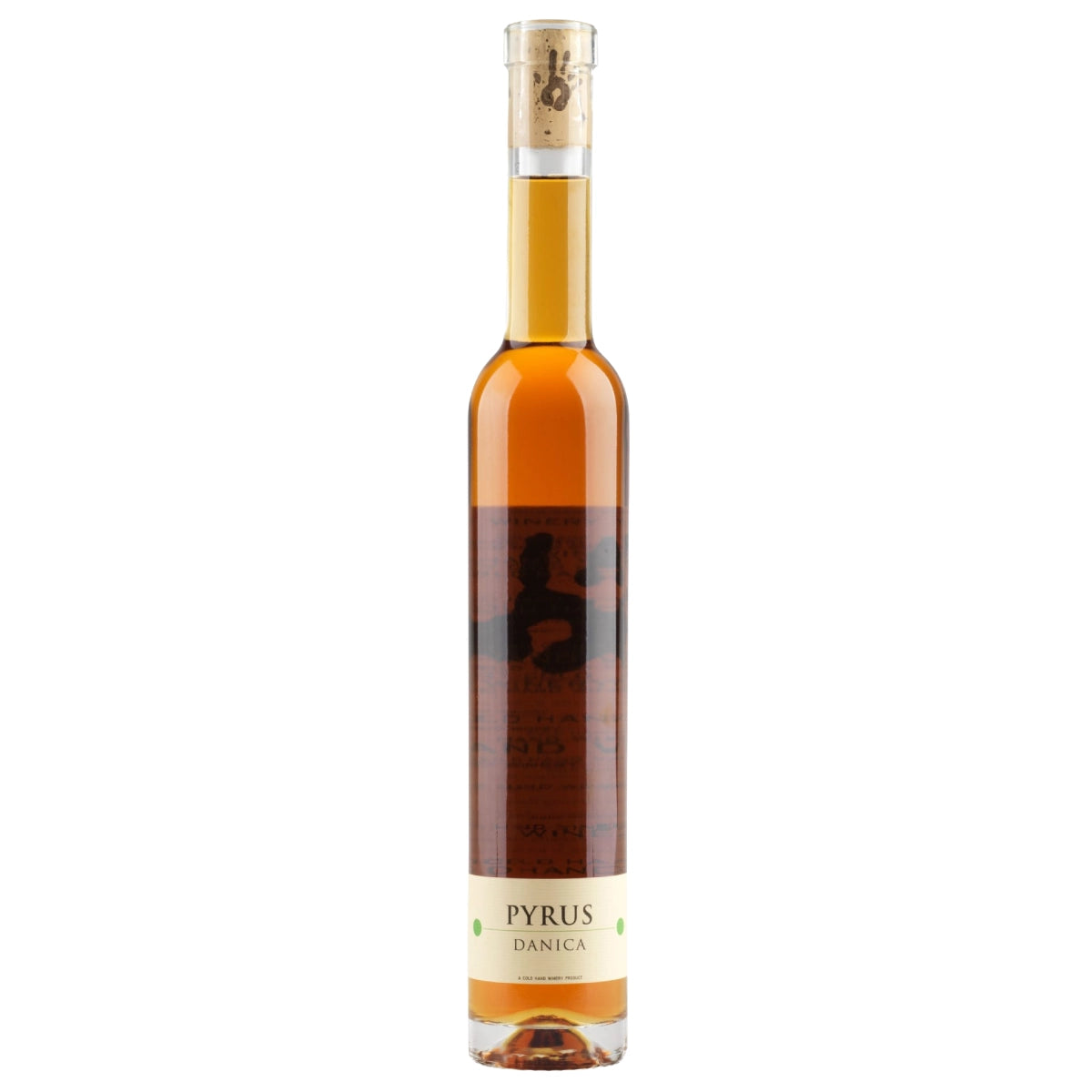 Flaske Cold Hand Winery Pyrus Danica isvin 375 ml (37,5 cl) – kryokoncentreret dansk pæreisvin på Lucas- og Conference-pærer med aromatisk duft af tørret abrikos, vanilje og karamel samt dyb smag af moden pære og brunet smør, afsluttet med let bitterhed fra pæreskindet, årgang 2019, 10% vol, velegnet til oste og desserter, indeholder sulfitter