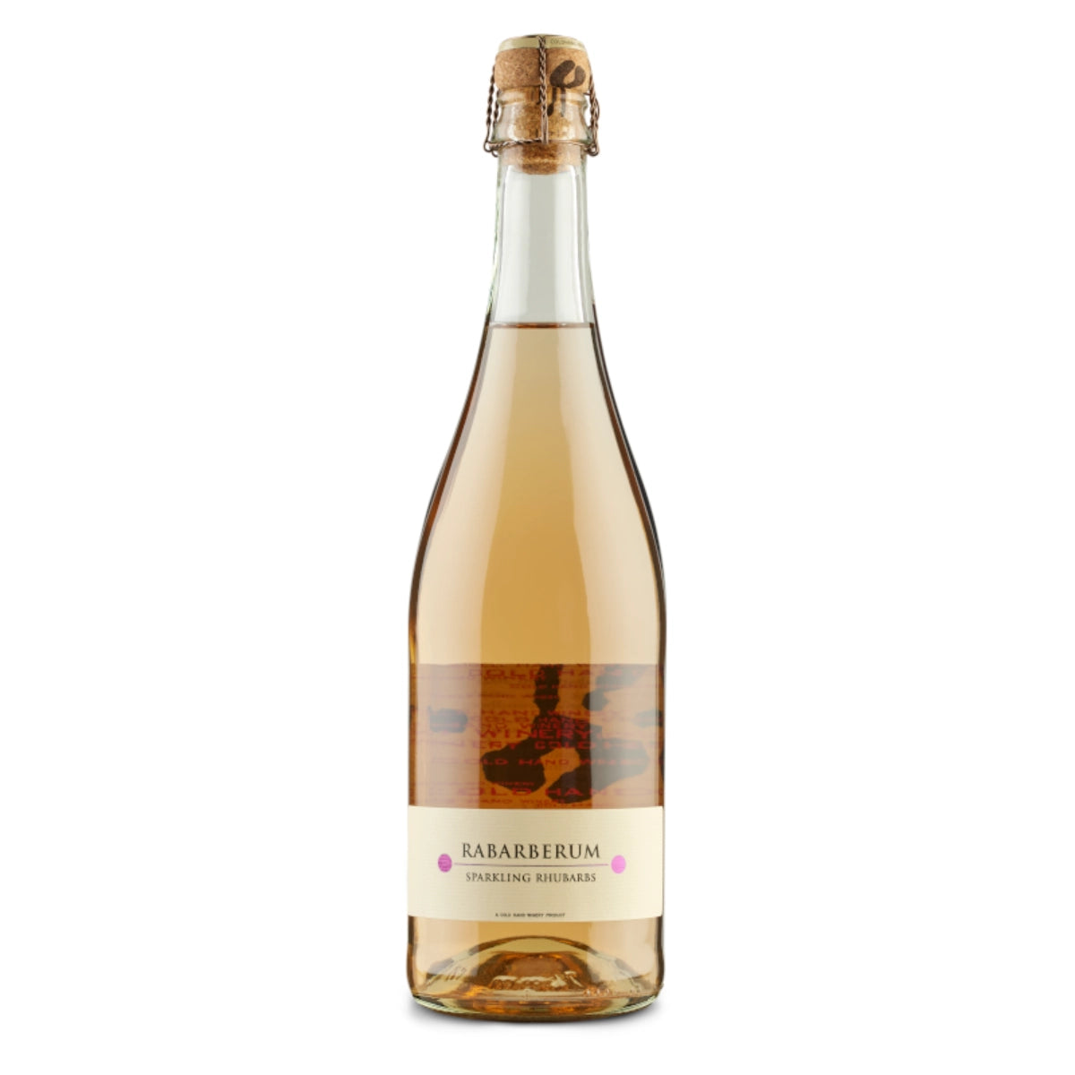 Flaske Cold Hand Winery Rabarberum mousserende rabarbervin 75 cl (750 ml) – halvtør sparkling rabarbervin lavet på danske økologiske Svendborg vinrabarber, tør og frisk med frugtige noter af sprøde rabarber, perfekt som velkomstbobler til fest, snacks og skaldyr, 5,5% vol., årgang 2023, indeholder sulfitter
