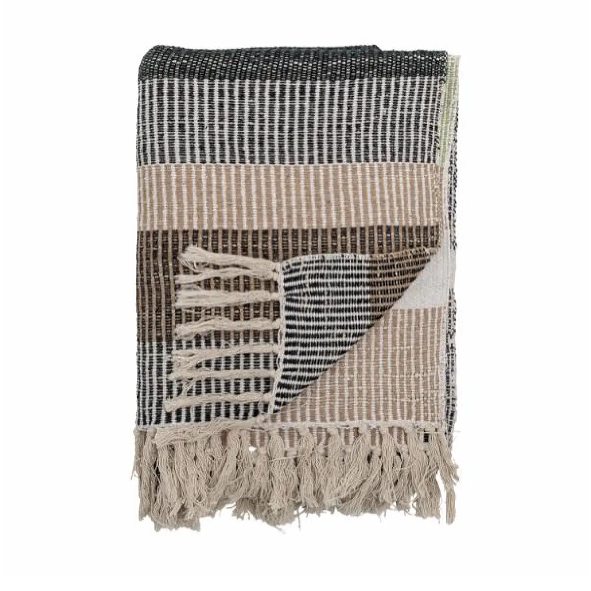 Creative Collection Isnel Plaid i genanvendt bomuld med brune, grønne og sorte striber, vævet plaid med frynser, 160 x 130 cm