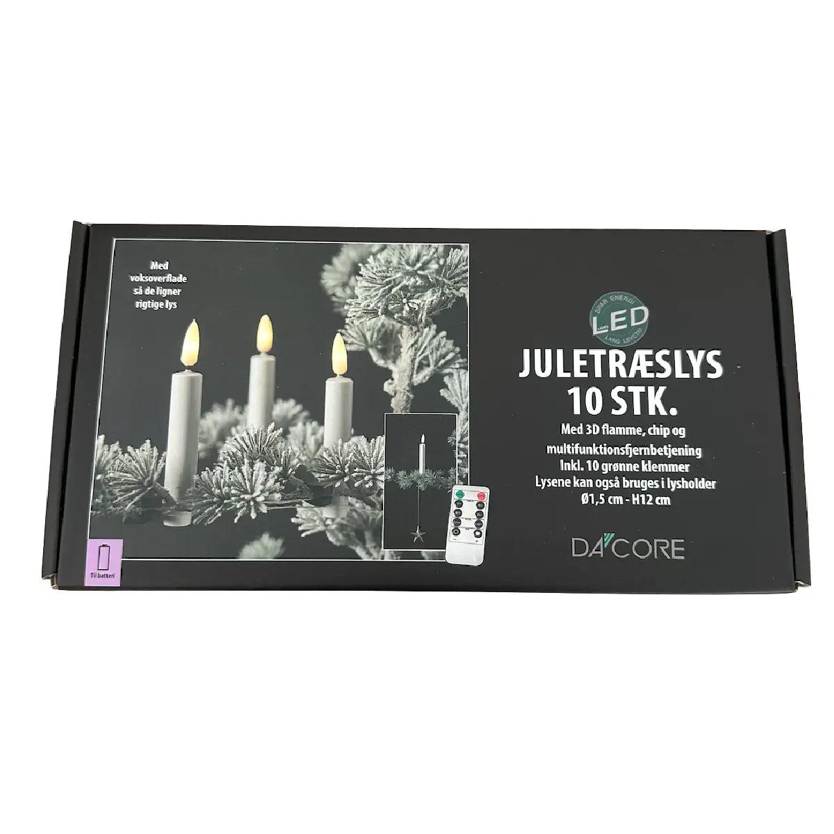 Dacore LED juletræslys 10 stk. med 3D-flamme, grønne klemmer og fjernbetjening