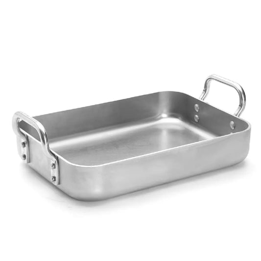 de Buyer CHOC rektangulær bradepande i ubelagt aluminium 35 x 25 x 6,5 cm med to fastnittede håndtag til ovnstegning, bruning og servering