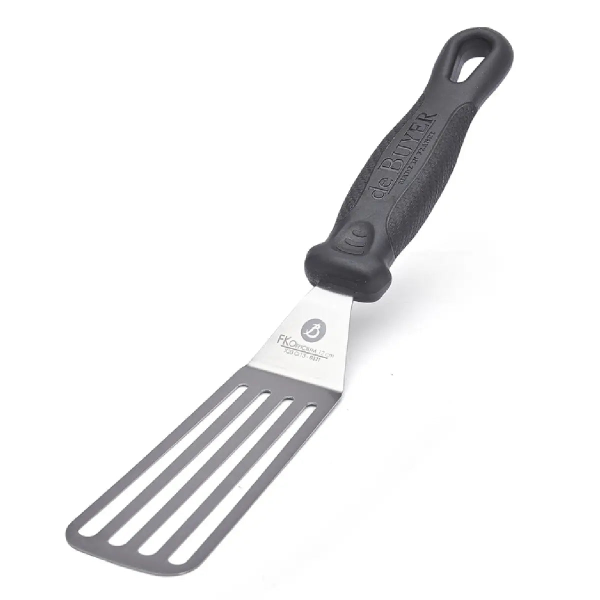 de Buyer FKO hullet vinklet paletkniv i rustfrit stål med fleksibel klinge, ergonomisk skridsikkert håndtag og total længde 29,5 cm