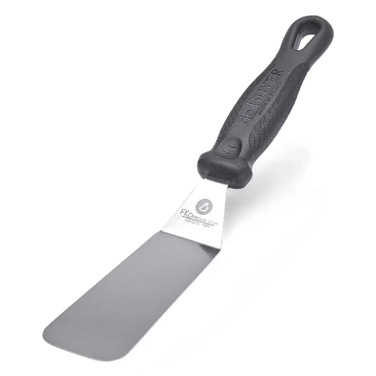 de Buyer FKO vinklet serveringspalet i rustfrit stål med fuld fleksibel 16 cm klinge, spejlpoleret overflade og ergonomisk skridsikkert håndtag