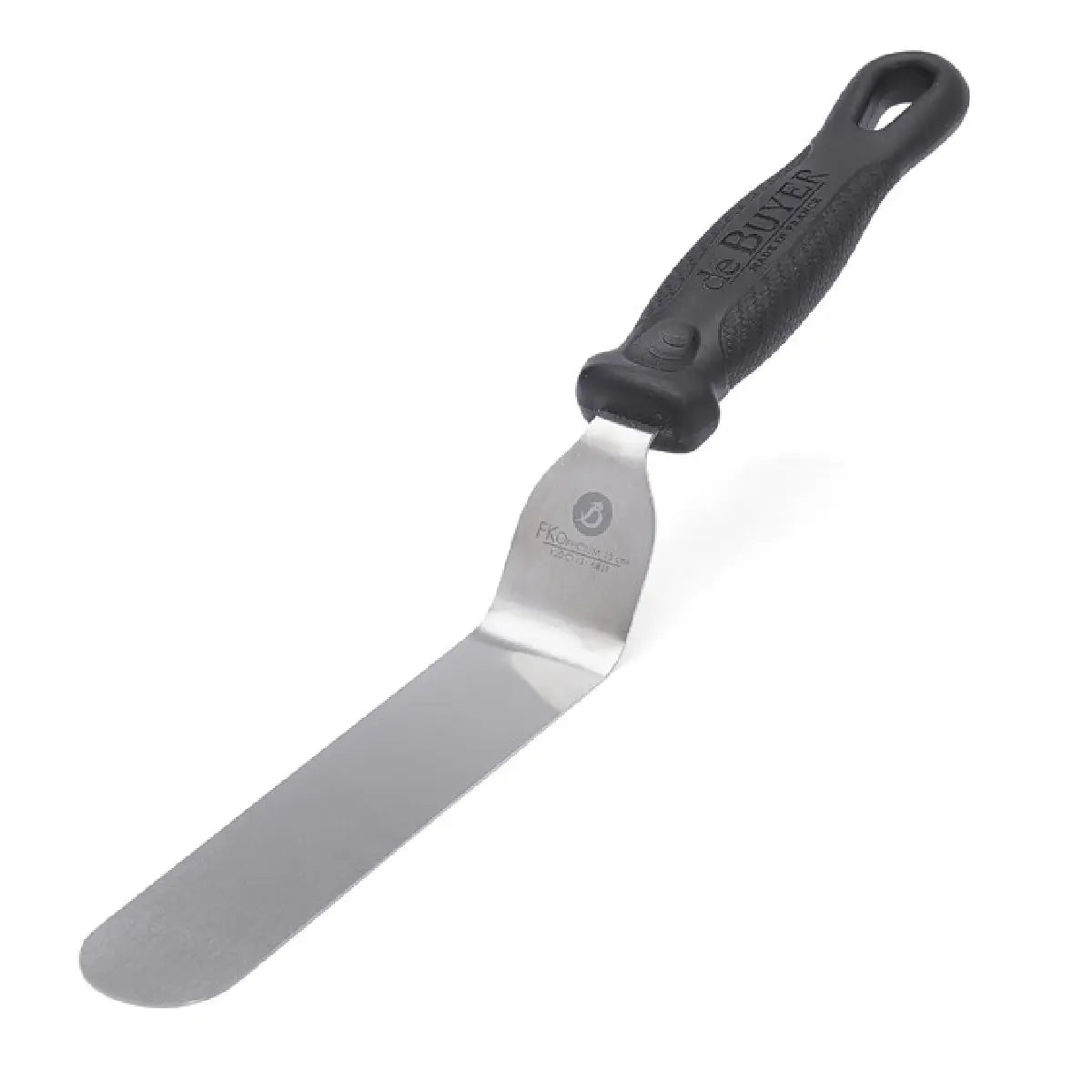 de Buyer FKO vinklet paletkniv i rustfrit stål med fleksibel 15 cm klinge, spejlpoleret overflade og ergonomisk skridsikkert håndtag, total længde 33,5 cm