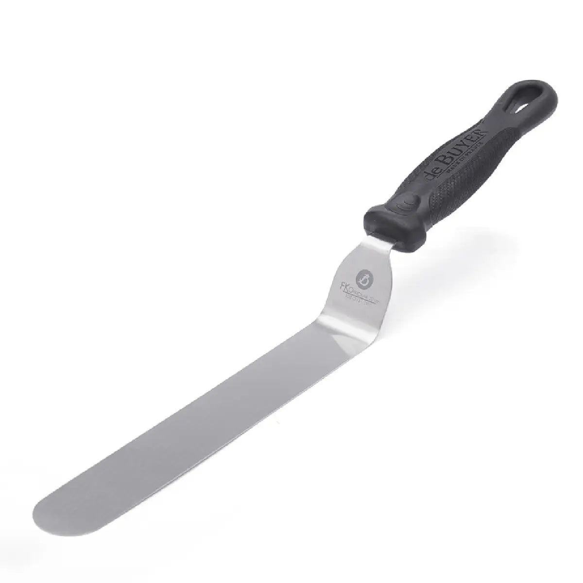 de Buyer FKO vinklet paletkniv i rustfrit stål med fleksibel 20 cm klinge, spejlpoleret overflade og ergonomisk skridsikkert håndtag, total længde 38,5 cm