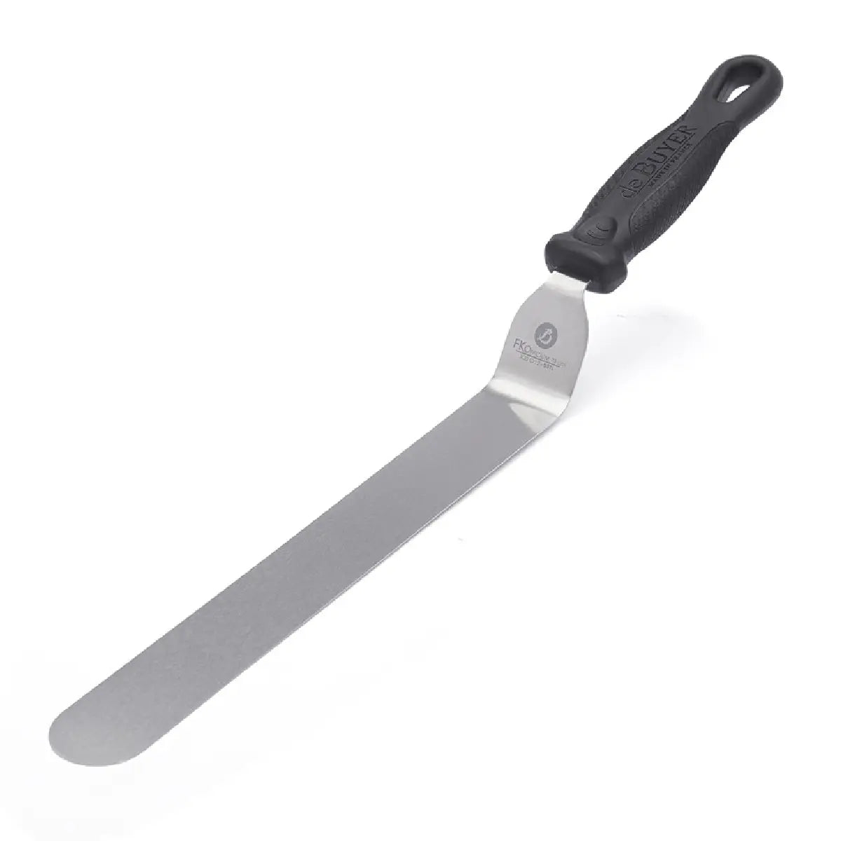 de Buyer FKO vinklet paletkniv i rustfrit stål med fleksibel 25 cm klinge, spejlpoleret overflade og ergonomisk skridsikkert håndtag, total længde 43,5 cm