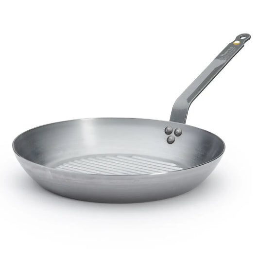 de Buyer Mineral B grillpande i kulstofstål Ø32 cm med riflet bund, bivoksfinish, fransk buet hank og induktionsbund til kød, grøntsager og høj varme