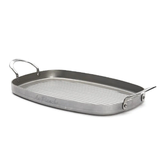 de Buyer Mineral B rektangulær grillpande i kulstofstål 38 x 26 cm med riflede grillspor, bivoksfinish og fast håndtag til alle varmekilder inklusiv induktion