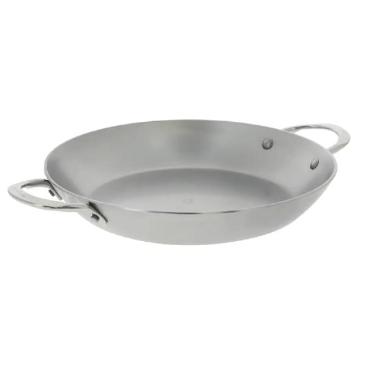 de Buyer Mineral B paellapande i kulstofstål Ø28 cm med bivoksfinish, to fastnittede håndtag i rustfrit stål og induktionsbund til paella og servering