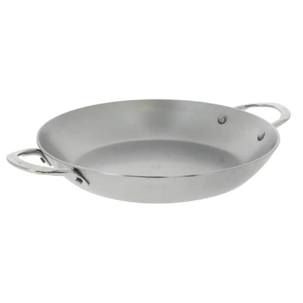 de Buyer Mineral B paellapande i kulstofstål Ø28 cm med bivoksfinish, to fastnittede håndtag i rustfrit stål og induktionsbund til paella og servering