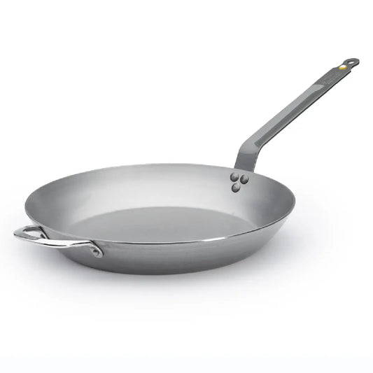 de Buyer Mineral B stegepande i kulstofstål Ø36 cm med bivoksfinish, lyonnaise-form, hjælpehank og induktionsbund til bruning og høj varme