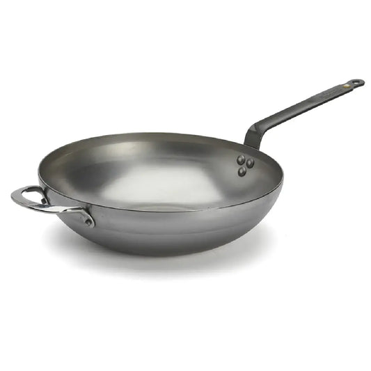 de Buyer Mineral B wok i kulstofstål, buet wok med bred stabil bund, sidehank, bivoksfinish og Ø32 cm diameter til alle komfurer inklusiv induktion