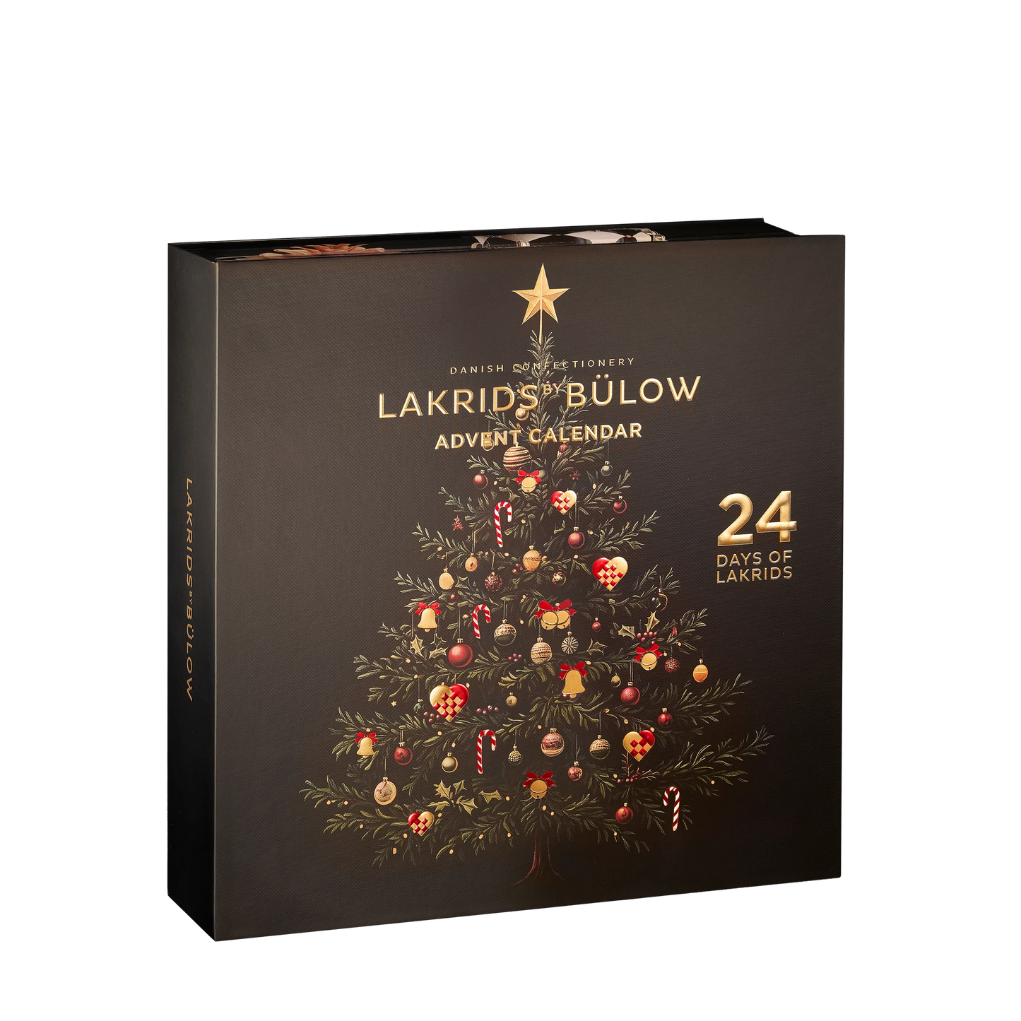 Lakrids by Bülow Advent Calendar, eksklusiv lakridsjulekalender med 24 låger, mørkt design, juletræ og gyldne detaljer til decemberhygge