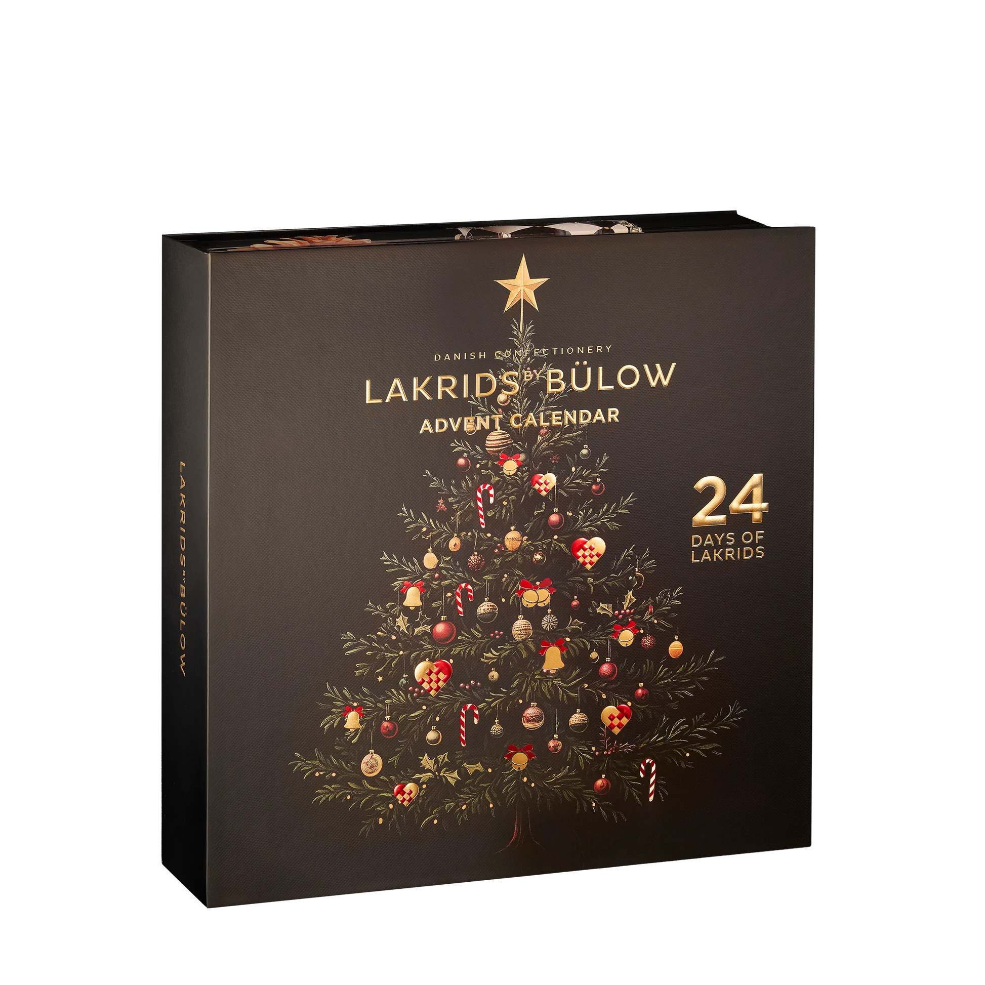 Lakrids by Bülow Advent Calendar, eksklusiv lakridsjulekalender med 24 låger, mørkt design, juletræ og gyldne detaljer til decemberhygge