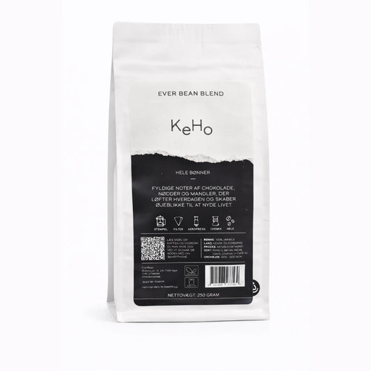 EverBean KeHo 250 g kaffebønner – fyldig arabica blend fra Kenya og Honduras med noter af solbær og nødder samt balanceret syre, velegnet til espresso, mokkakande og kraftig filterkaffe