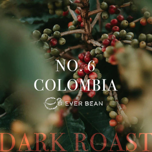 EverBean No. 06 · Colombia Dark Roast kaffebønner 250 g – mørkristet single origin Arabica fra Caldas, Colombia (1.300–1.500 moh.), naturligt forarbejdet/soltørret, med smagsnoter af søde karamelliserede nødder og chokolade, cremet espresso-profil med frugtig sødme og let bitter eftersmag