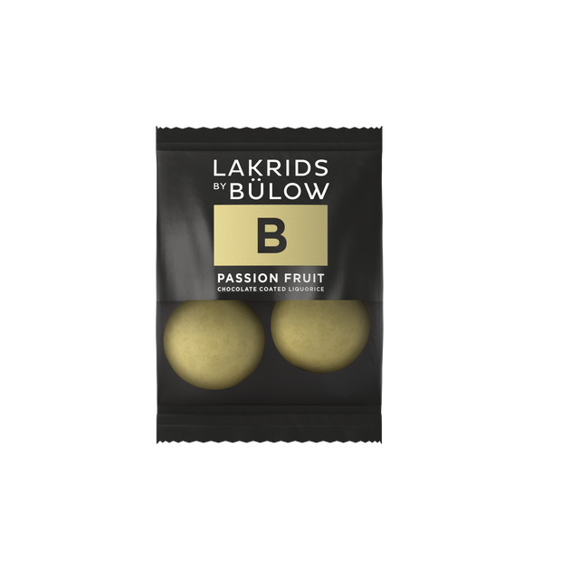 Lakrids by Bülow B - PASSION FRUIT Flowpack 12 g med 2 kugler sød lakrids, hvid chokolade, passionsfrugt og sprød sukkerskal