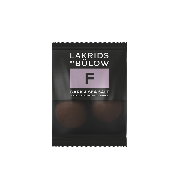 Lakrids by Bülow F - DARK & SEA SALT Flowpack 12 g med 2 kugler sød lakrids, mørk chokolade, mælkechokolade og havsalt