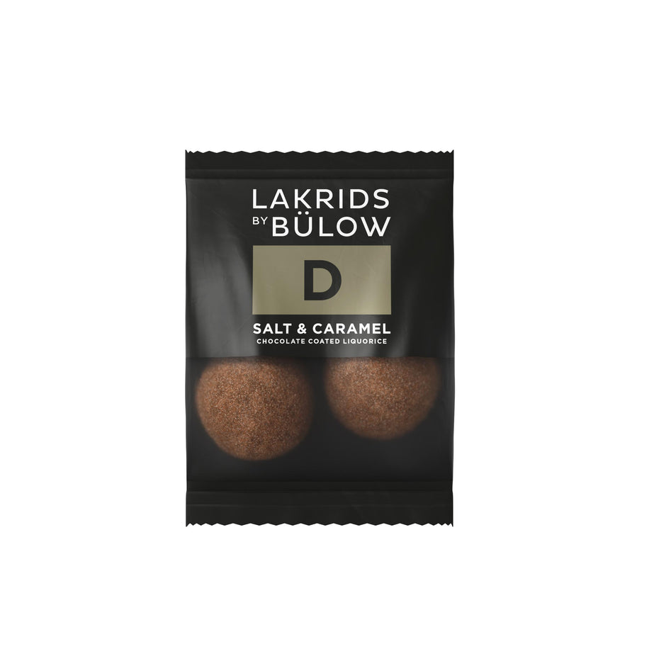 Lakrids by Bülow D - SALT & CARAMEL Flowpack 12 g med 2 kugler sød lakrids, dulcechokolade, karamel og havsalt