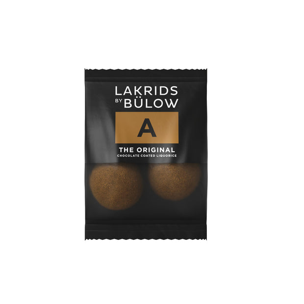 Lakrids by Bülow A - THE ORIGINAL Flowpack 12 g med 2 kugler sød lakrids, premium mælkechokolade og fint lakridspulver