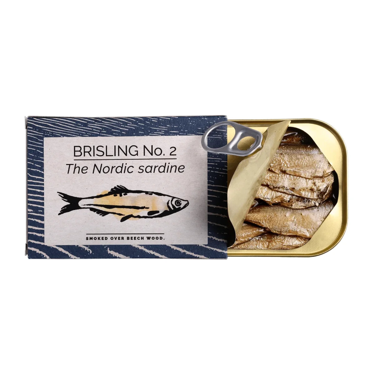 Åben dåse Fangst Brisling No. 2 100 g – røgede brislinger (nordiske sardiner) fra Østersøen røget over bøgetræ, lagt i koldpresset rapsolie, klar til tapas, brød og enkle serveringer