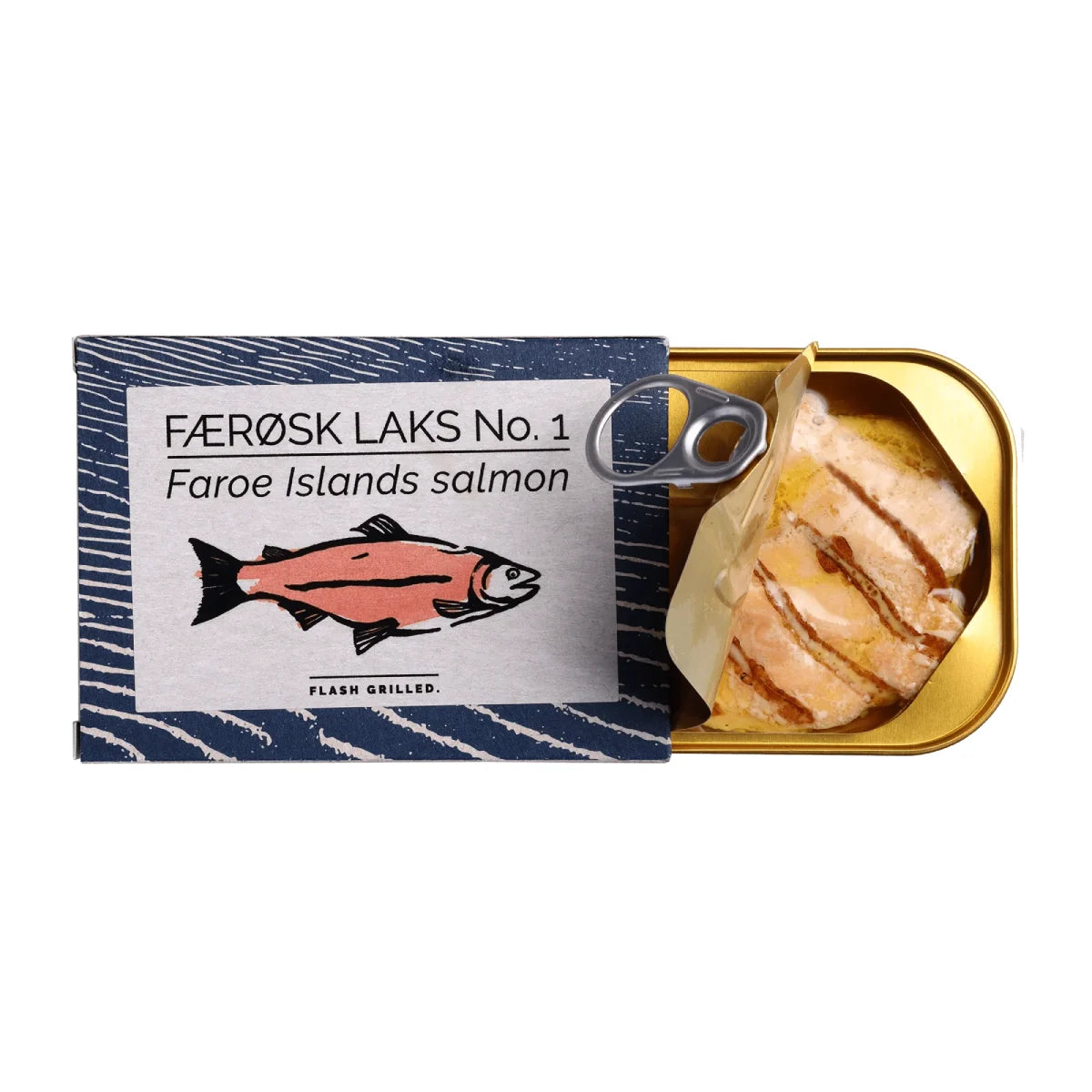 Åben dåse Fangst Færøsk laks No. 1 110 g – flashgrillet laks fra Færøerne i koldpresset rapsolie, fyldig og saftig nordisk tapas på dåse til brød, salat og enkle serveringer
