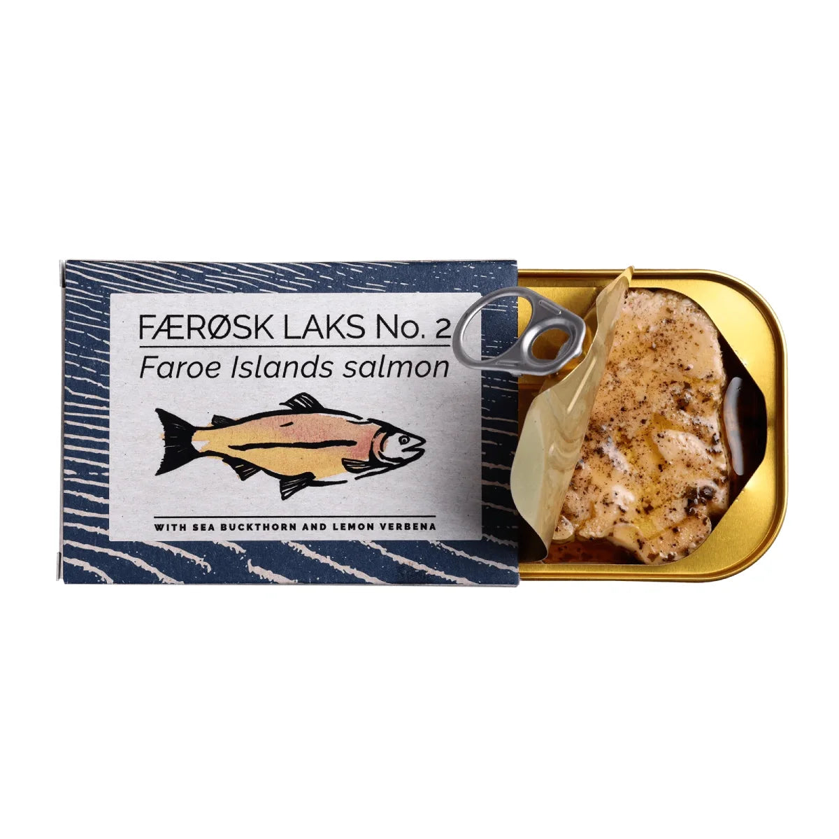 Åben dåse Fangst Færøsk laks No. 2 110 g – laks i koldpresset rapsolie med havtorn og citronverbena, nordisk tapas på dåse med frisk citruspræg, klar til servering på brød, i salat eller som snack