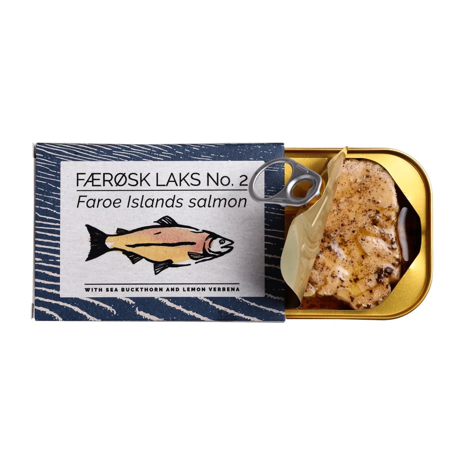 Åben dåse Fangst Færøsk laks No. 2 110 g – laks i koldpresset rapsolie med havtorn og citronverbena, nordisk tapas på dåse med frisk citruspræg, klar til servering på brød, i salat eller som snack