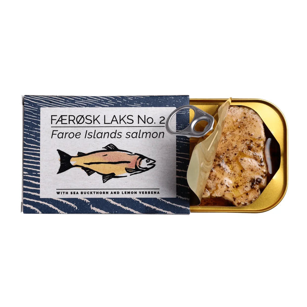Åben dåse Fangst Færøsk laks No. 2 110 g – laks i koldpresset rapsolie med havtorn og citronverbena, nordisk tapas på dåse med frisk citruspræg, klar til servering på brød, i salat eller som snack