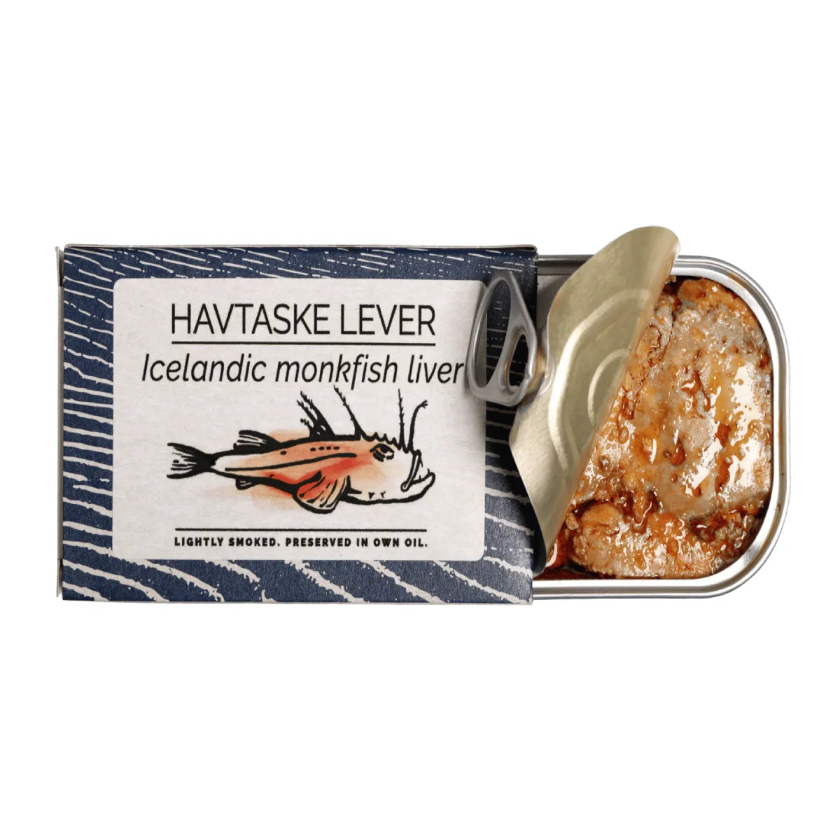 Åben dåse Fangst Havtaskelever 115 g – islandsk monkfish liver/havtaskelever let røget over bøgetræ og konserveret i egen olie med kun lidt salt, cremet leverdelikatesse kendt som “havets foie gras”, perfekt til rugbrød, toast og nordisk tapas, fangst fra Nordatlanten (FAO 27)
