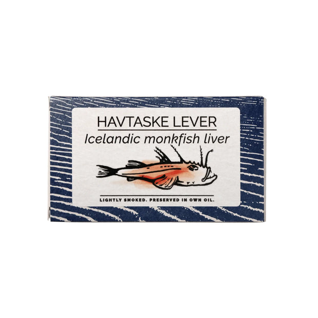 Fangst Havtaskelever 115 g – islandsk monkfish liver/havtaskelever let røget over bøgetræ og konserveret i egen olie med kun lidt salt, cremet leverdelikatesse kendt som “havets foie gras”, perfekt til rugbrød, toast og nordisk tapas, fangst fra Nordatlanten (FAO 27)
