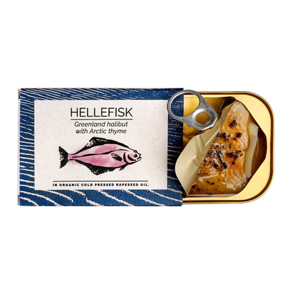 Åben dåse Fangst Hellefisk 110 g – grønlandsk hellefisk på dåse, skånsomt tilberedt i koldpresset rapsolie med arktisk timian (tupaarnaq), delikat nordisk dåsefisk til rugbrød, tapas, salater og servering med citron
