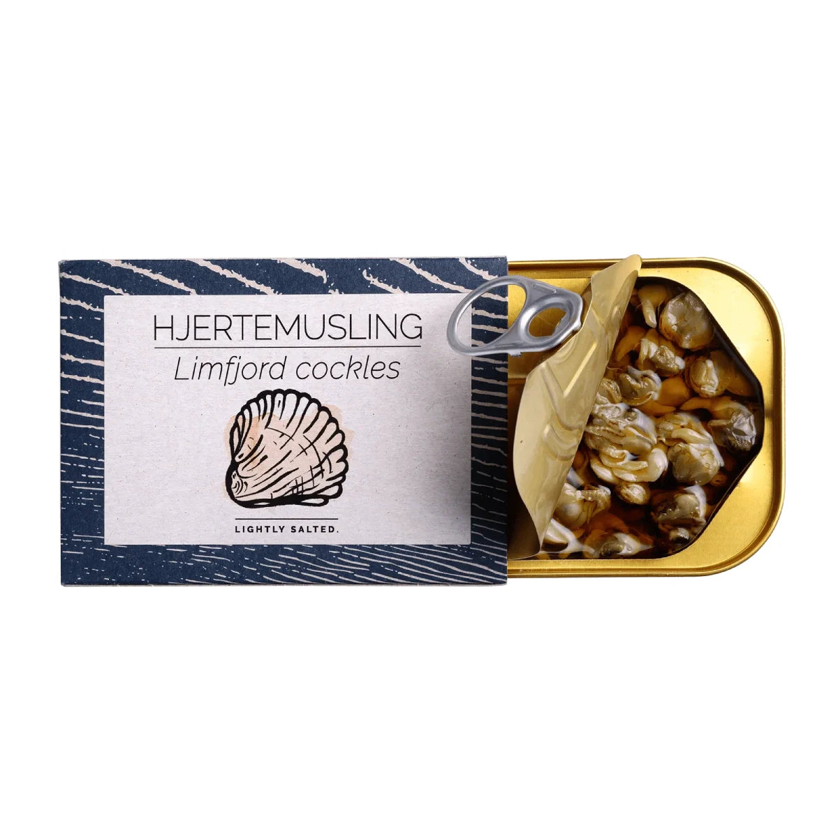 Åben dåse Fangst Hjertemusling 110 g – hjertemuslinger fra Limfjorden i koldpresset økologisk rapsolie med mild, let salt smag og fast struktur, klar til servering på brød, i salat eller som nordisk tapas