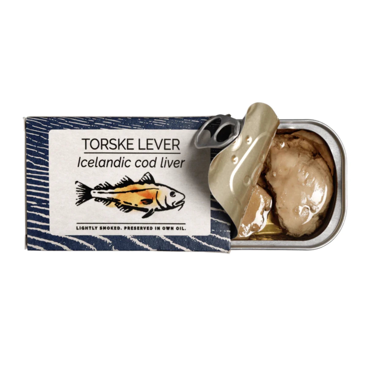 Åben dåse Fangst Torskelever 120 g – islandsk torskelever på dåse, let røget over bøgetræ og konserveret i egen olie med kun lidt salt, cremet delikatesse “havets foie gras” til rugbrød, tapas og nordiske små serveringer, fangst fra Nordatlanten (FAO 27)