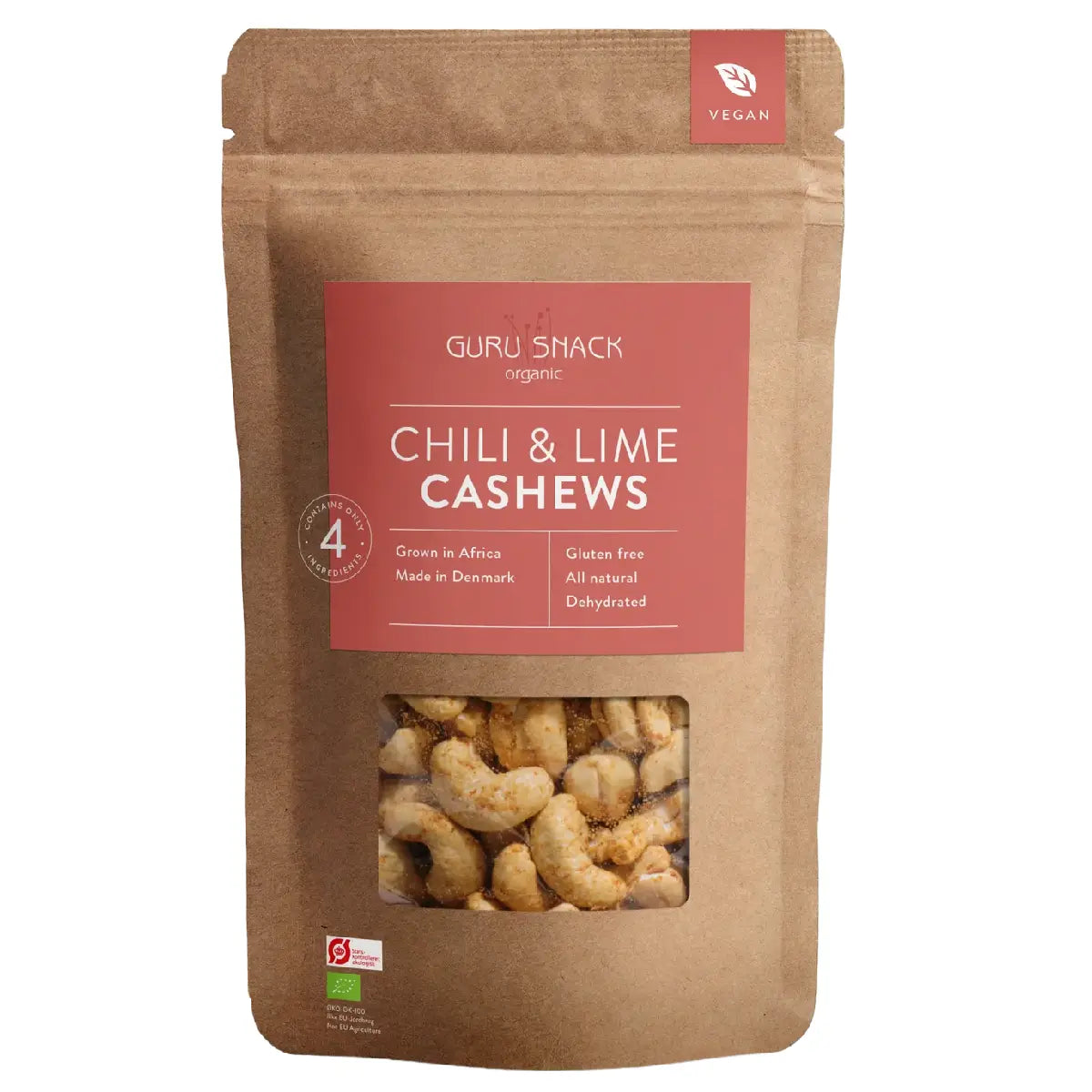 Guru Snack Chili & Lime Cashews økologiske cashewnødder med chili og lime 100 g