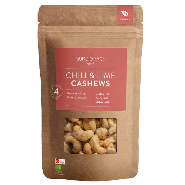 Guru Snack Chili & Lime Cashews økologiske cashewnødder med chili og lime 100 g