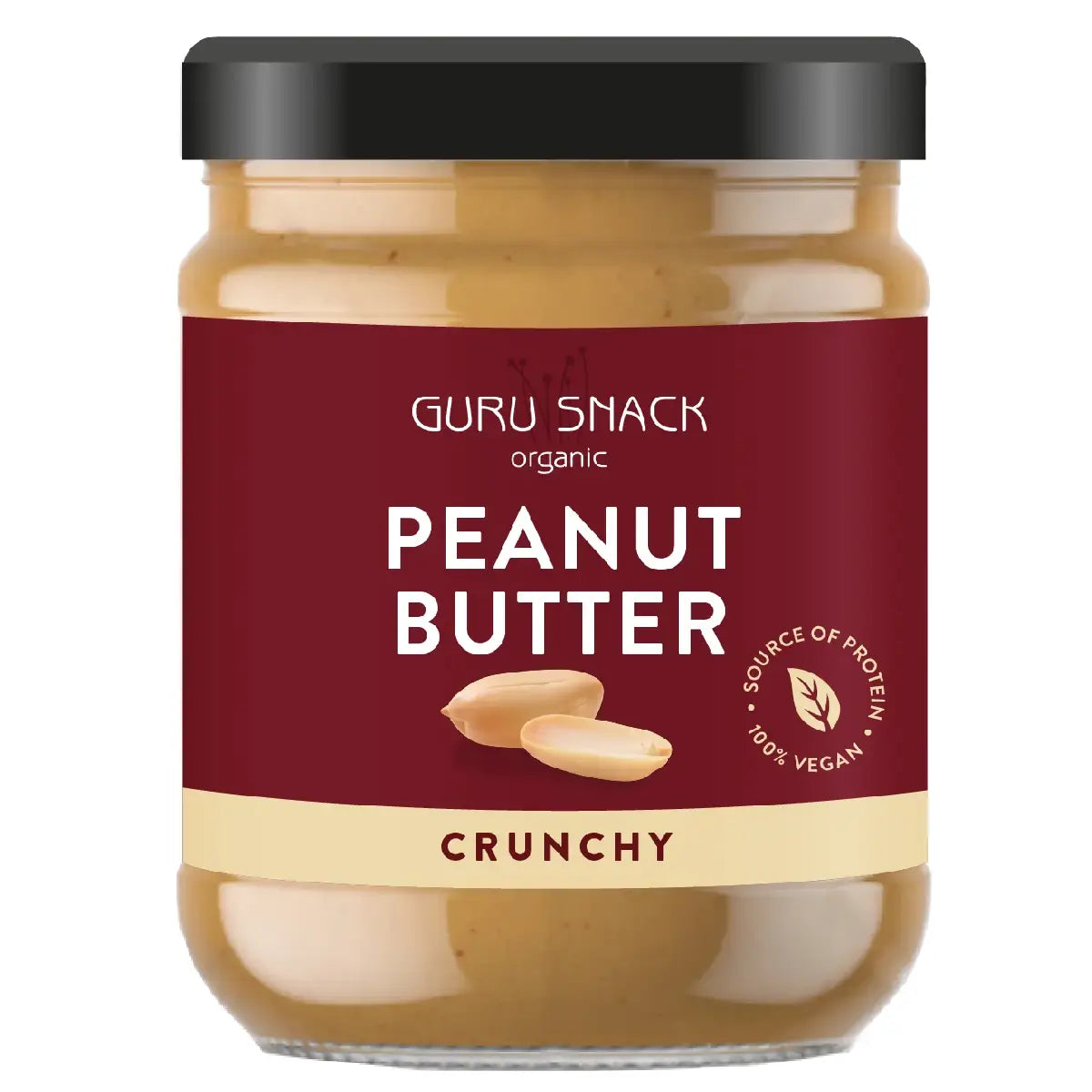 Guru Snack Peanut Butter Crunchy økologisk peanutbutter med sprøde jordnøddestykker 250 g