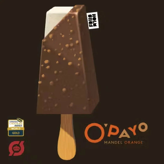 Hansens O’Payo Mandel Orange Ø økologisk flødeis med O’Payo Dark Milk fra Friis-Holm, sukkerkandiserede mandler fra Sicilien og siciliansk orangeolie